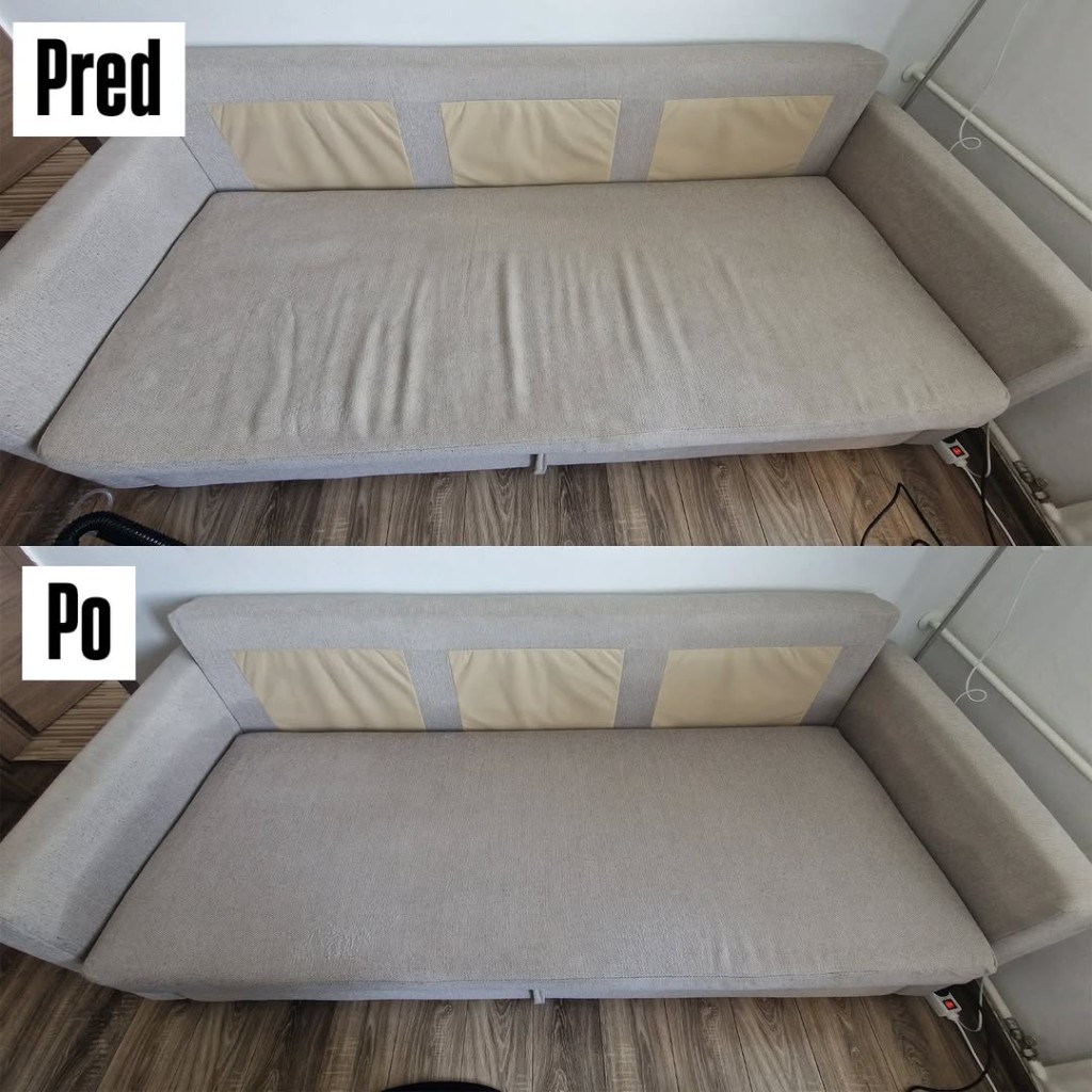 Tepovanie sedačky — porovnanie pred a po čistení